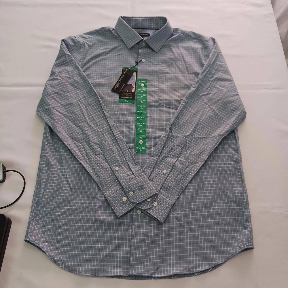 Banana Republic RN#137013 Men's XL Blue Plaid Cotton Slim Fit Long Sleeve Shirt